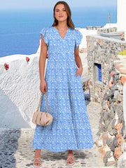 ANRABESS Womens Summer Casual Maxi Dress V Neck Ruffle Sleeve Long Dresses Fashion Flowy Tiered Boho Beach Vacation Sundress Black Large
