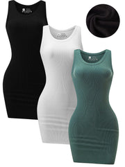 3 Piece Womens Summer Ribbed Tank Dress Scoop Neck Sleeveless Tank Top Dresses Basic Bodycon Mini Dress