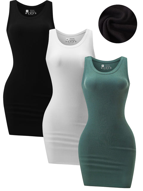 3 Piece Womens Summer Ribbed Tank Dress Scoop Neck Sleeveless Tank Top Dresses Basic Bodycon Mini Dress
