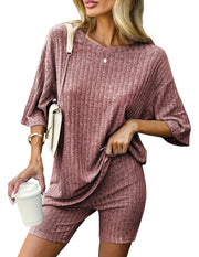 Ekouaer Pajamas 2 Piece Lounge Sets Ribbed Knit Matching Outfits T-shirt Biker Shorts Sleepwear Loungewear Sweatsuits