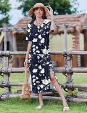 Zeagoo Women Long Sun Dress Summer T Shirt Dresses Beach Dress Casual Short Sleeve Tropical O Neck A Line Maxi Dresses Loose Side Slit Cover Up with Pockets 2025 Black XXL