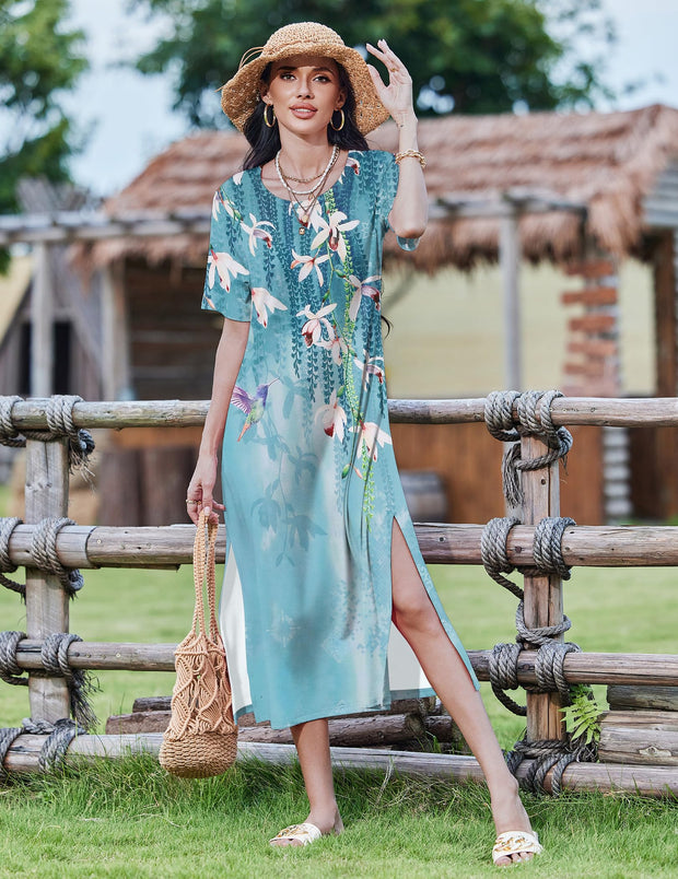 Zeagoo Women Long Sun Dress Summer T Shirt Dresses Beach Dress Casual Short Sleeve Tropical O Neck A Line Maxi Dresses Loose Side Slit Cover Up with Pockets 2025 Black XXL