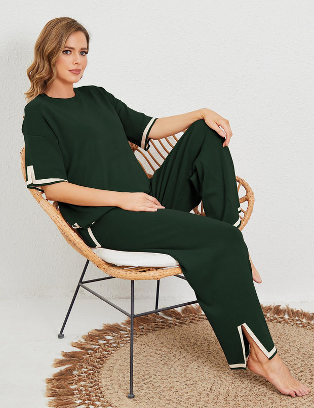 Tanming Sweater Sets Women 2 Piece Lounge Sets Short Sleeve Knit Pullover Tops Wide Leg Pants