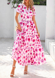 PRETTYGARDEN Women's 2025 Summer Boho Maxi Dresses Floral Short Sleeve V Neck A Line Tiered Flowy Long Beach Vacation Dress (White Pink Floral,Large)