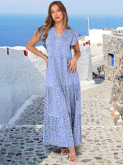 ANRABESS Womens Summer Casual Maxi Dress V Neck Ruffle Sleeve Long Dresses Fashion Flowy Tiered Boho Beach Vacation Sundress Black Large