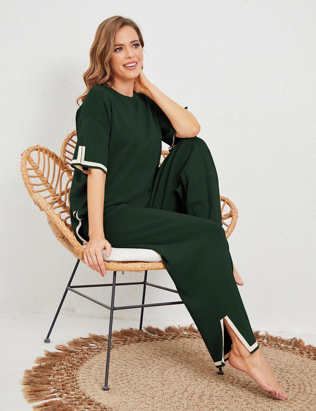 Tanming Sweater Sets Women 2 Piece Lounge Sets Short Sleeve Knit Pullover Tops Wide Leg Pants