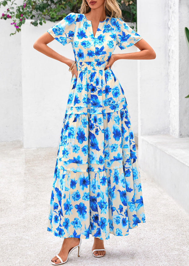 PRETTYGARDEN Women's 2025 Summer Boho Maxi Dresses Floral Short Sleeve V Neck A Line Tiered Flowy Long Beach Vacation Dress (White Pink Floral,Large)