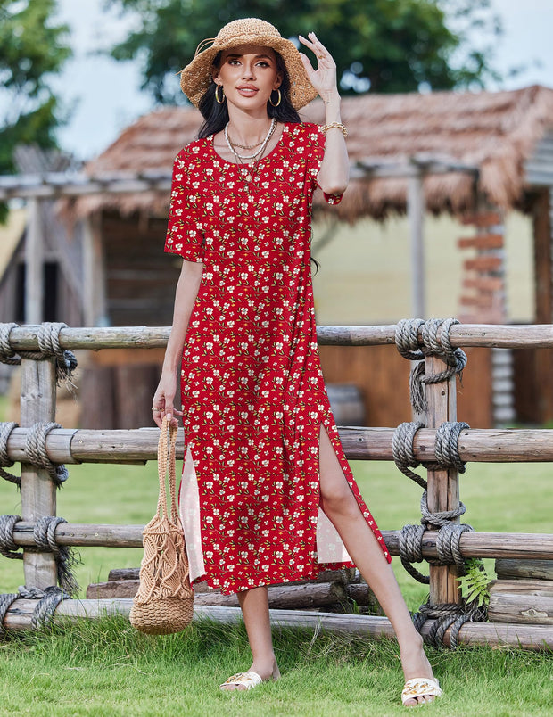 Zeagoo Women Long Sun Dress Summer T Shirt Dresses Beach Dress Casual Short Sleeve Tropical O Neck A Line Maxi Dresses Loose Side Slit Cover Up with Pockets 2025 Black XXL