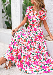 PRETTYGARDEN Women's 2025 Summer Boho Maxi Dresses Floral Short Sleeve V Neck A Line Tiered Flowy Long Beach Vacation Dress (White Pink Floral,Large)