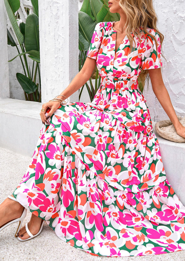 PRETTYGARDEN Women's 2025 Summer Boho Maxi Dresses Floral Short Sleeve V Neck A Line Tiered Flowy Long Beach Vacation Dress (White Pink Floral,Large)