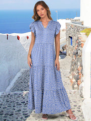 ANRABESS Womens Summer Casual Maxi Dress V Neck Ruffle Sleeve Long Dresses Fashion Flowy Tiered Boho Beach Vacation Sundress Black Large