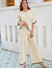 Tanming Sweater Sets Women 2 Piece Lounge Sets Short Sleeve Knit Pullover Tops Wide Leg Pants