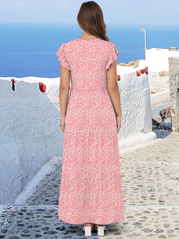 ANRABESS Womens Summer Casual Maxi Dress V Neck Ruffle Sleeve Long Dresses Fashion Flowy Tiered Boho Beach Vacation Sundress Black Large