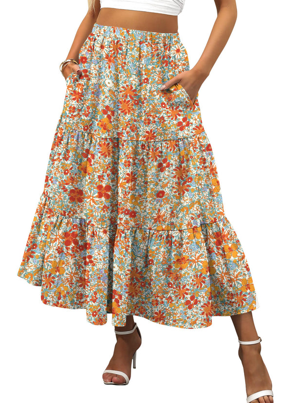ANRABESS Women’s Summer Boho Flowy Swing Tiered A-Line Maxi Skirt 2025 Fashion Trendy Elastic Waist Pleated Long Beach Dress