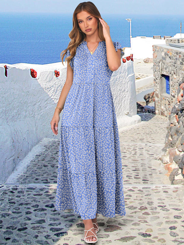 ANRABESS Womens Summer Casual Maxi Dress V Neck Ruffle Sleeve Long Dresses Fashion Flowy Tiered Boho Beach Vacation Sundress Black Large