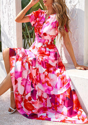 PRETTYGARDEN Women's 2025 Summer Boho Maxi Dresses Floral Short Sleeve V Neck A Line Tiered Flowy Long Beach Vacation Dress (White Pink Floral,Large)
