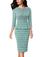 VFSHOW Womens Pleated Crew Neck Peplum Work Business Office Bodycon Pencil Sheath Dress