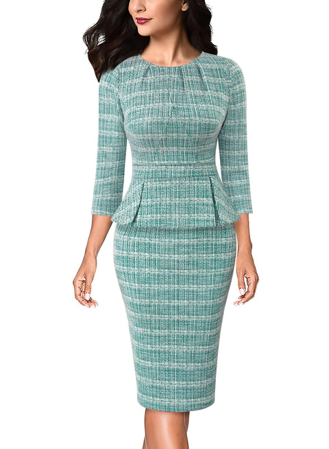 VFSHOW Womens Pleated Crew Neck Peplum Work Business Office Bodycon Pencil Sheath Dress