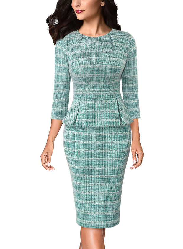 VFSHOW Womens Pleated Crew Neck Peplum Work Business Office Bodycon Pencil Sheath Dress