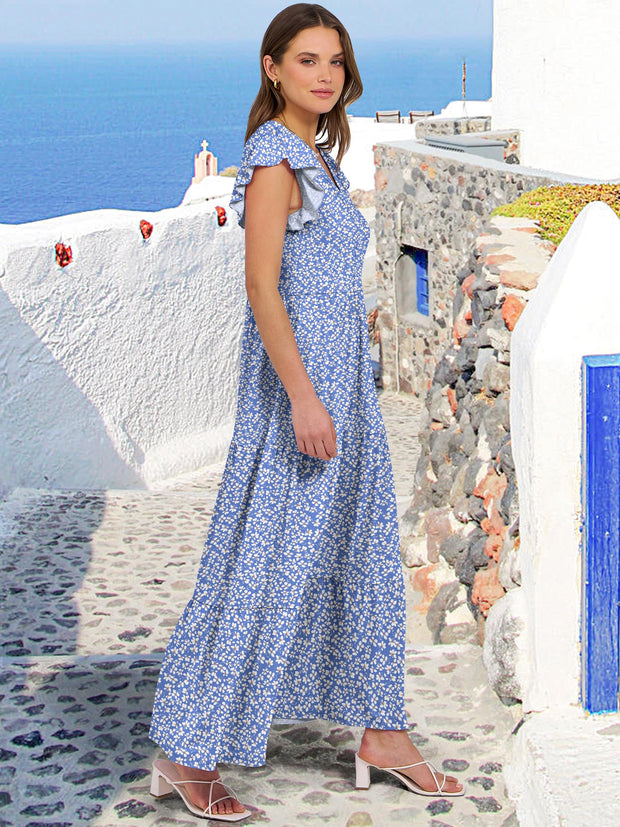 ANRABESS Womens Summer Casual Maxi Dress V Neck Ruffle Sleeve Long Dresses Fashion Flowy Tiered Boho Beach Vacation Sundress Black Large