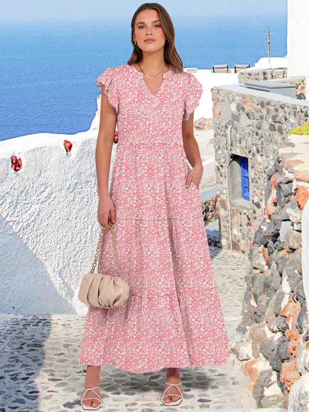 ANRABESS Womens Summer Casual Maxi Dress V Neck Ruffle Sleeve Long Dresses Fashion Flowy Tiered Boho Beach Vacation Sundress Black Large