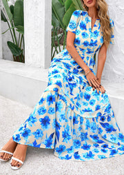 PRETTYGARDEN Women's 2025 Summer Boho Maxi Dresses Floral Short Sleeve V Neck A Line Tiered Flowy Long Beach Vacation Dress (White Pink Floral,Large)