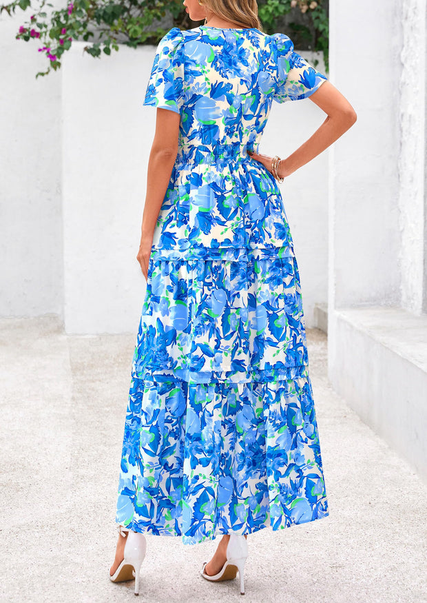 PRETTYGARDEN Women's 2025 Summer Boho Maxi Dresses Floral Short Sleeve V Neck A Line Tiered Flowy Long Beach Vacation Dress (White Pink Floral,Large)