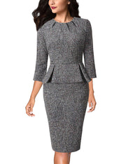 VFSHOW Womens Pleated Crew Neck Peplum Work Business Office Bodycon Pencil Sheath Dress