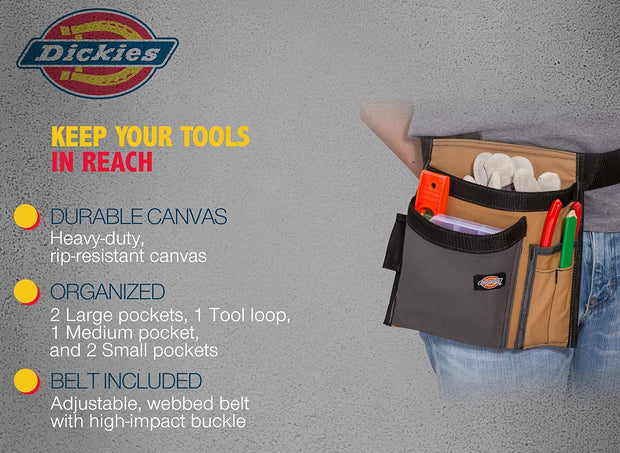 Dickies 5-Pocket Single Side Tool Belt Pouch/Work Apron, Durable Canvas Construction, Adjustable Belt for Custom Fit
