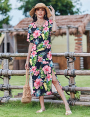 Zeagoo Women Long Sun Dress Summer T Shirt Dresses Beach Dress Casual Short Sleeve Tropical O Neck A Line Maxi Dresses Loose Side Slit Cover Up with Pockets 2025 Black XXL