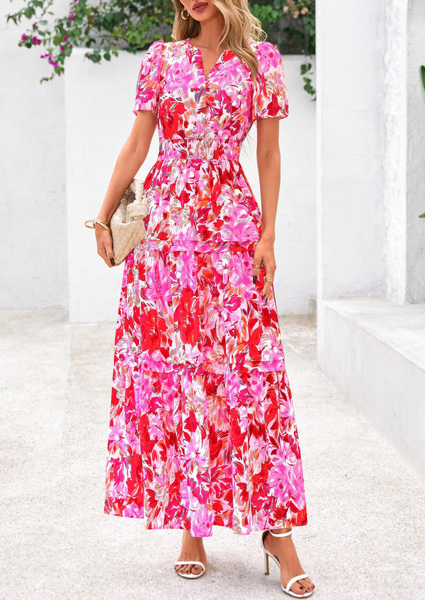 PRETTYGARDEN Women's 2025 Summer Boho Maxi Dresses Floral Short Sleeve V Neck A Line Tiered Flowy Long Beach Vacation Dress (White Pink Floral,Large)