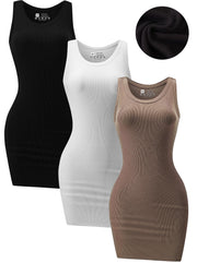 3 Piece Womens Summer Ribbed Tank Dress Scoop Neck Sleeveless Tank Top Dresses Basic Bodycon Mini Dress