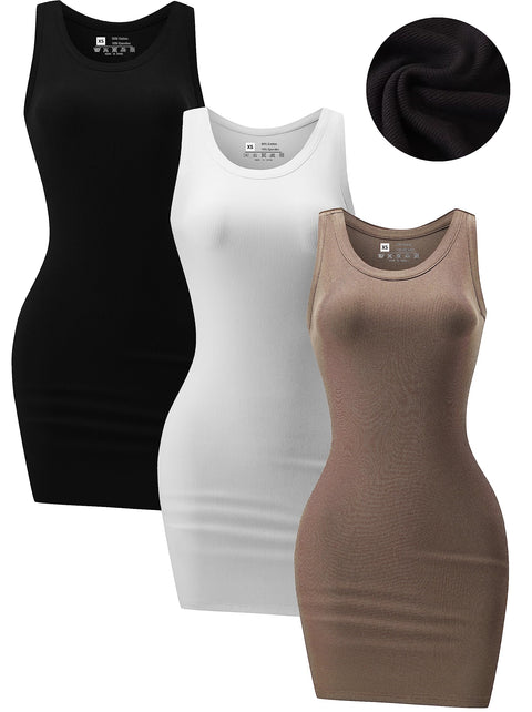 3 Piece Womens Summer Ribbed Tank Dress Scoop Neck Sleeveless Tank Top Dresses Basic Bodycon Mini Dress
