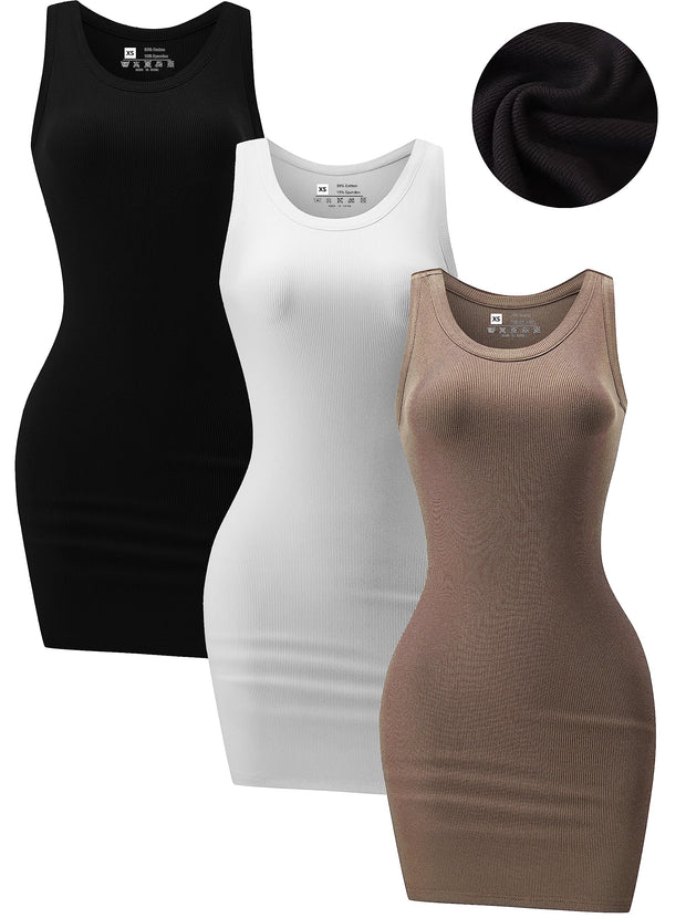 3 Piece Womens Summer Ribbed Tank Dress Scoop Neck Sleeveless Tank Top Dresses Basic Bodycon Mini Dress