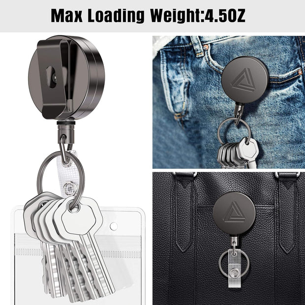 2 Pack Heavy Duty Metal Retractable Badge Holder Reel with Belt Clip Key Ring and Waterproof Vertical Clear ID Card Holder + 2 Extra Carabiner Key Chain Rings, 31 inches Strong Dyneema Pull Cord