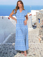 ANRABESS Womens Summer Casual Maxi Dress V Neck Ruffle Sleeve Long Dresses Fashion Flowy Tiered Boho Beach Vacation Sundress Black Large
