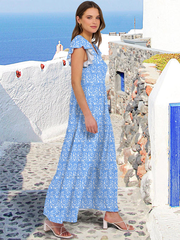 ANRABESS Womens Summer Casual Maxi Dress V Neck Ruffle Sleeve Long Dresses Fashion Flowy Tiered Boho Beach Vacation Sundress Black Large