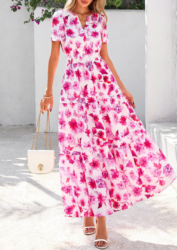 PRETTYGARDEN Women's 2025 Summer Boho Maxi Dresses Floral Short Sleeve V Neck A Line Tiered Flowy Long Beach Vacation Dress (White Pink Floral,Large)