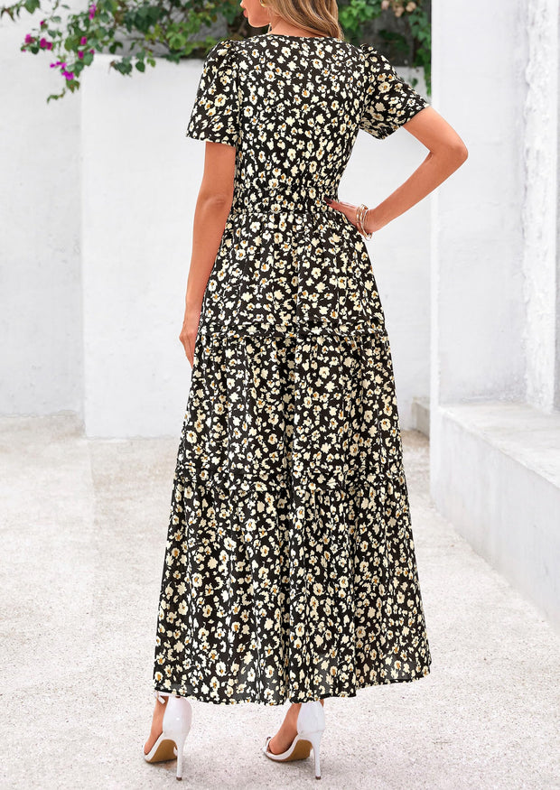 PRETTYGARDEN Women's 2025 Summer Boho Maxi Dresses Floral Short Sleeve V Neck A Line Tiered Flowy Long Beach Vacation Dress (White Pink Floral,Large)