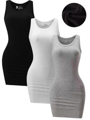 3 Piece Womens Summer Ribbed Tank Dress Scoop Neck Sleeveless Tank Top Dresses Basic Bodycon Mini Dress