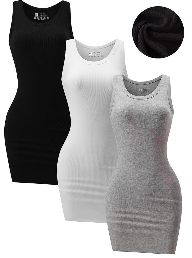 3 Piece Womens Summer Ribbed Tank Dress Scoop Neck Sleeveless Tank Top Dresses Basic Bodycon Mini Dress