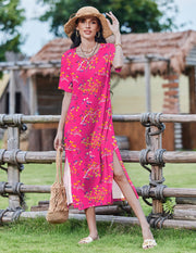 Zeagoo Women Long Sun Dress Summer T Shirt Dresses Beach Dress Casual Short Sleeve Tropical O Neck A Line Maxi Dresses Loose Side Slit Cover Up with Pockets 2025 Black XXL
