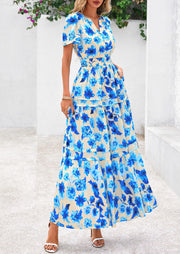 PRETTYGARDEN Women's 2025 Summer Boho Maxi Dresses Floral Short Sleeve V Neck A Line Tiered Flowy Long Beach Vacation Dress (White Pink Floral,Large)