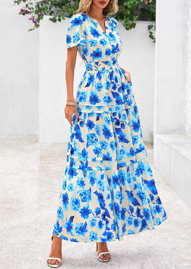 PRETTYGARDEN Women's 2025 Summer Boho Maxi Dresses Floral Short Sleeve V Neck A Line Tiered Flowy Long Beach Vacation Dress (White Pink Floral,Large)
