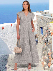 ANRABESS Womens Summer Casual Maxi Dress V Neck Ruffle Sleeve Long Dresses Fashion Flowy Tiered Boho Beach Vacation Sundress Black Large
