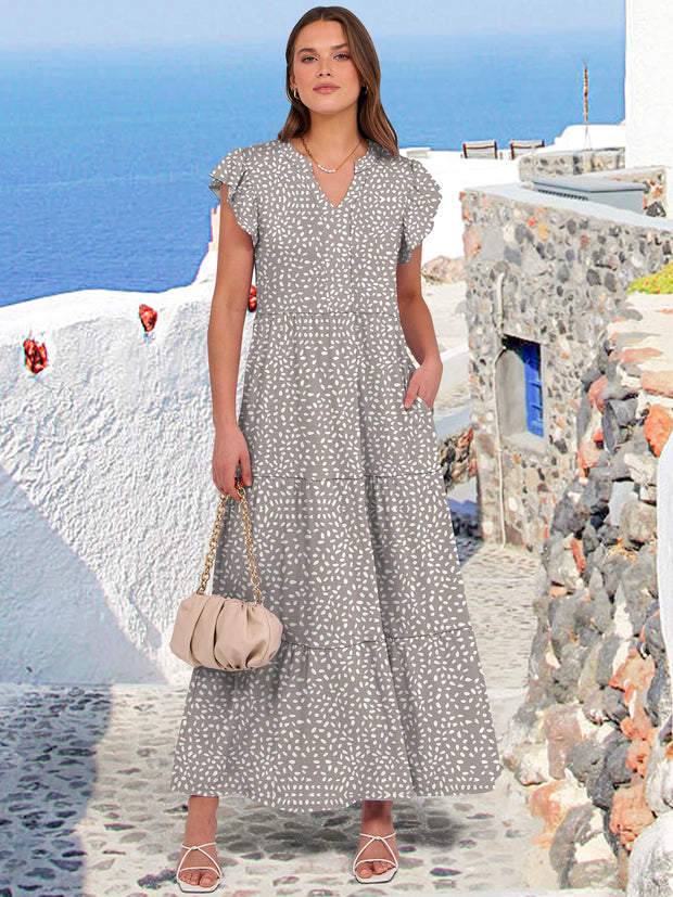 ANRABESS Womens Summer Casual Maxi Dress V Neck Ruffle Sleeve Long Dresses Fashion Flowy Tiered Boho Beach Vacation Sundress Black Large