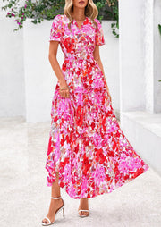 PRETTYGARDEN Women's 2025 Summer Boho Maxi Dresses Floral Short Sleeve V Neck A Line Tiered Flowy Long Beach Vacation Dress (White Pink Floral,Large)