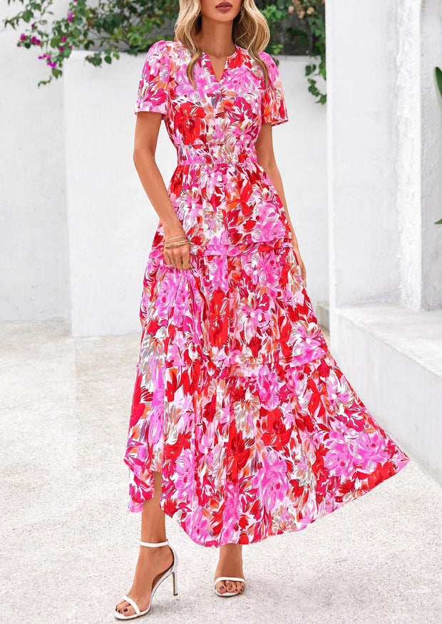 PRETTYGARDEN Women's 2025 Summer Boho Maxi Dresses Floral Short Sleeve V Neck A Line Tiered Flowy Long Beach Vacation Dress (White Pink Floral,Large)