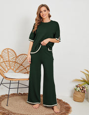 Tanming Sweater Sets Women 2 Piece Lounge Sets Short Sleeve Knit Pullover Tops Wide Leg Pants