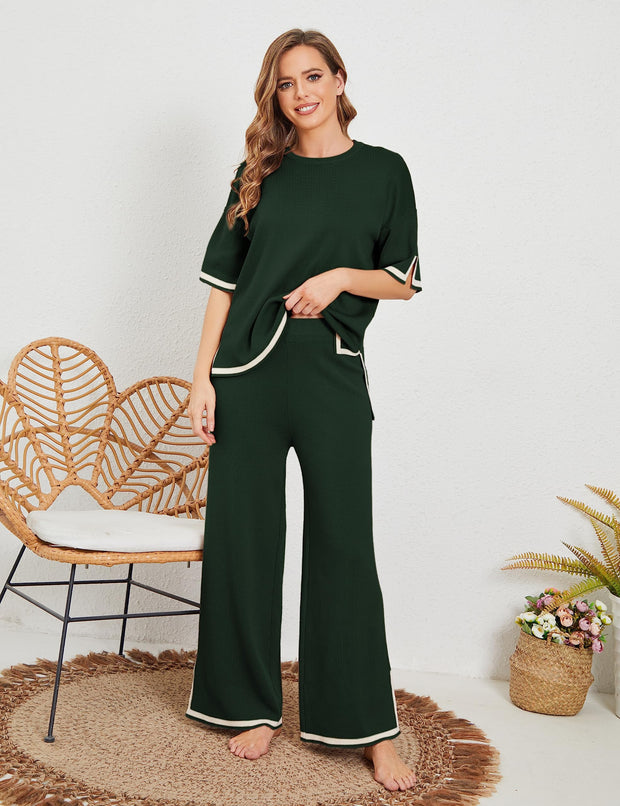 Tanming Sweater Sets Women 2 Piece Lounge Sets Short Sleeve Knit Pullover Tops Wide Leg Pants